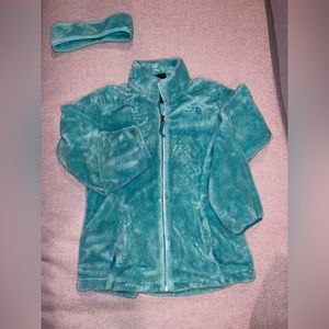 The North Face girls teal jacket and matching ear warmer